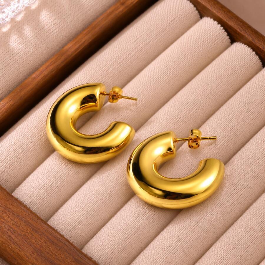 一对粗金圈耳环,18K镀金,低过敏性,椭圆形,优雅时尚,适合女孩佩戴 - 金黃色 - 查看 1