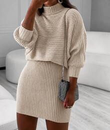 Elegance Turtleneck Knit Set - Batwing Blouse & High-Waisted Skirt – Chic Winter - Beige - View 1