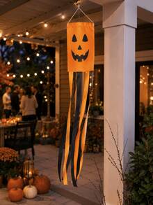2pcs Orange Pumpkin Smiling Face Halloween Wind Vane Flag, Fun Halloween Style Polyester Long Tassel Hanging Decor Wind Vane With Tassel Ribbon Tail, Suitable For Halloween Theme Events, Indoor/Outdoor Parties, Porch, Yard, Garden And Autumn Seasonal Decoration - Halloween - View 5