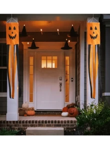 2pcs Orange Pumpkin Smiling Face Halloween Wind Vane Flag, Fun Halloween Style Polyester Long Tassel Hanging Decor Wind Vane With Tassel Ribbon Tail, Suitable For Halloween Theme Events, Indoor/Outdoor Parties, Porch, Yard, Garden And Autumn Seasonal Decoration - Halloween - View 7