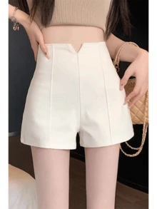 CZJ Women's High Waist A-Line Suit Shorts In Solid Color - [白色的] - 查看 2