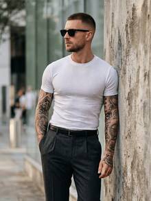 Kit 2 Men's Slim Fit Ribbed T-Shirt, American Style Blouse - Tight Fit - 黑與白 - 查看 2