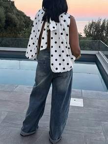 Nueva blusa tipo tank para mujer con lazo, de tela tejida, sin espalda, sin mangas, con estampado de lunares, estilo casual para primavera y verano, color blanco, estilo chica francesa - Blanco - Ver 6