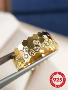 1 chiếc nhẫn bạc 925 cao cấp tối giản, bóng bẩy hình tổ ong dành cho nữ, món quà trang sức thanh lịch. - Vàng - Xem 1