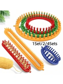 1set/2/4sets Handmade Knitting Kit, Knitting Machine DIY Knitting Craft Tools For Blanket, Scarf, Hat, Shawl, Knitting Needles & Crochet Hook, DIY Scarf, Sweater, Blanket Knitting Machine Board Set, Beginner DIY Knitting Kit (Random Color, Random Accessory Quantity) - Multicolor - View 1