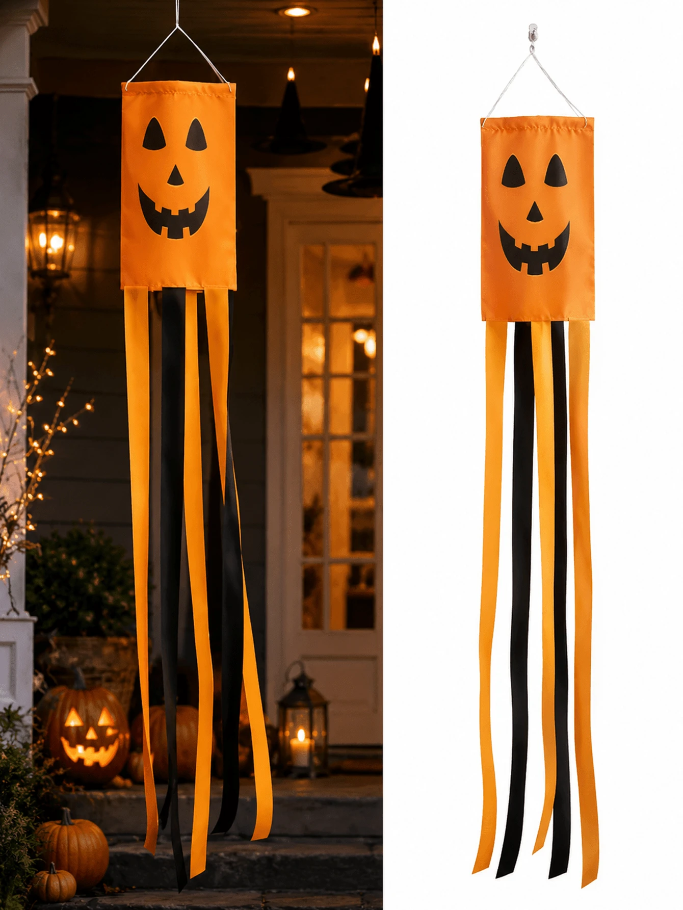 2pcs Orange Pumpkin Smiling Face Halloween Wind Vane Flag, Fun Halloween Style Polyester Long Tassel Hanging Decor Wind Vane With Tassel Ribbon Tail, Suitable For Halloween Theme Events, Indoor/Outdoor Parties, Porch, Yard, Garden And Autumn Seasonal Decoration - Halloween - View 1
