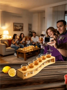 1pc 6-Slot Whiskey Glass Holder, Bamboo/Wood 4 Styles Optional, Straight/Curved 2 Styles, Party Bar Glass Storage Tray, Home White Spirit/Liquor Glass Display Rack, Desktop Storage Essential, Party Atmosphere Must-Have, Bar Commercial/Home Multi-Functional Cup Holder, Suitable For Whiskey/Tequila Lovers - Multicolor - View 4