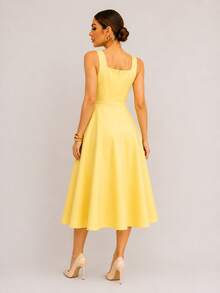 Women's Midi Dress With Square Neckline And Defined Waist | Elegant Midi Dress | Tailored Style | Defined Waist - 黃色 - 查看 2