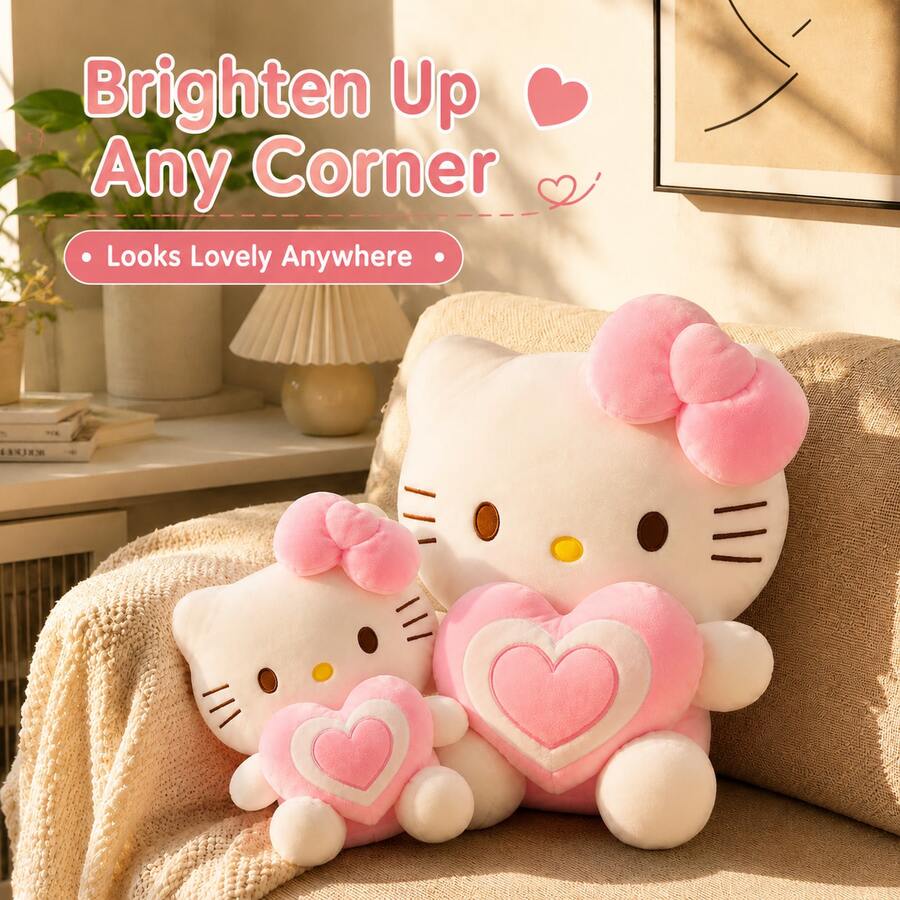 Hasbro 1 pieza Muñeca de peluche Sanrio Hello Kitty abrazando un corazón, muñeca de gato con lazo lindo, regalo de cumpleaños para niñas, almohada de peluche de gato KT con forma de corazón, 30/40cm decoración del hogar, muñeca de consuelo - Multicolor - Ver 1