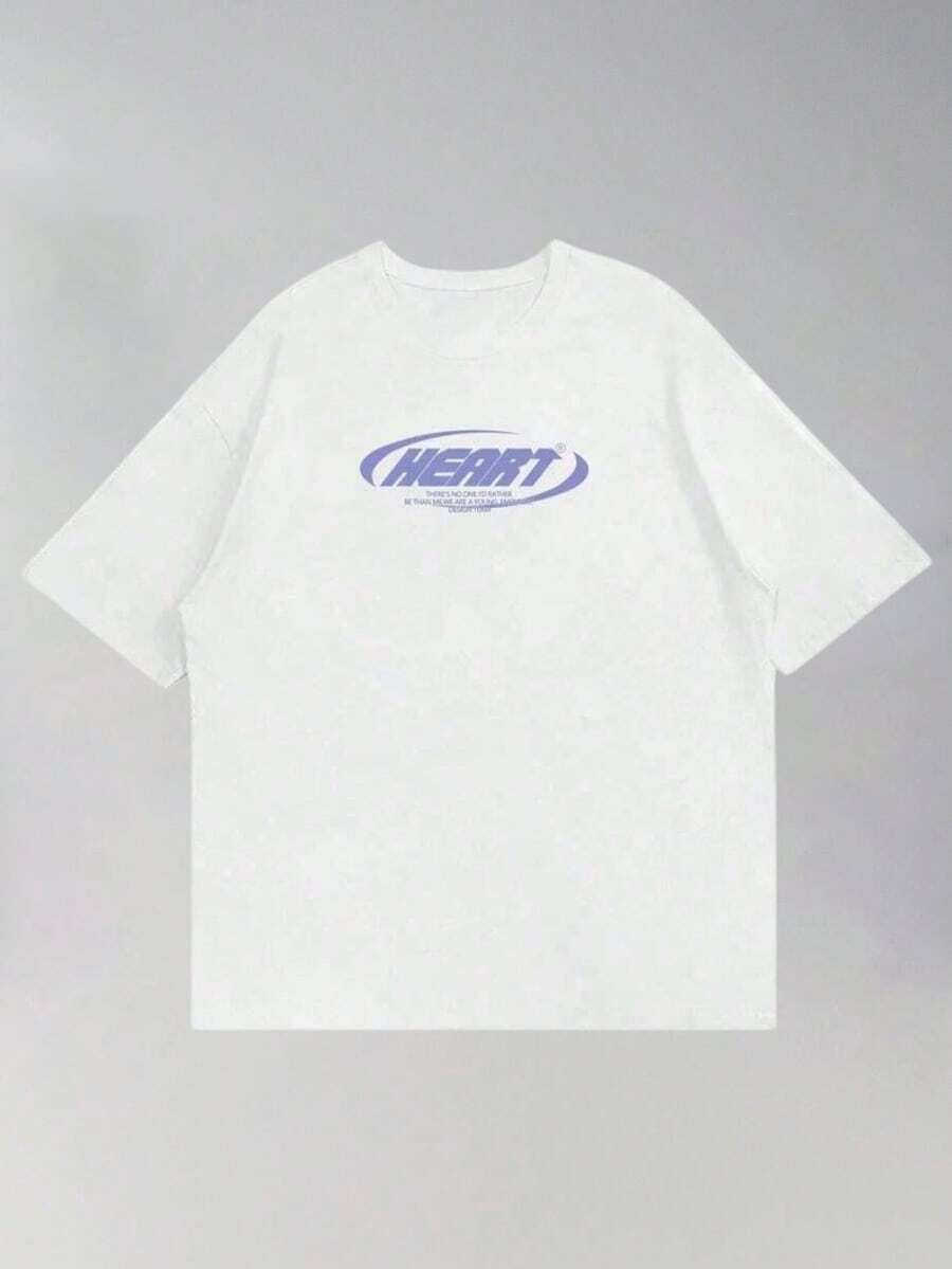 Women's Oversized T-Shirt With Graphic "HEART" Print, Simple & - Blanc - View 1