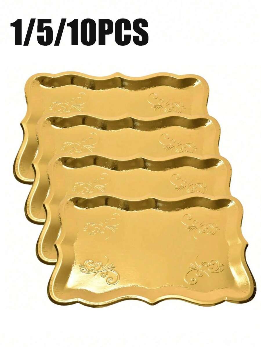 10/5pcs 9"X13" Elegant Rectangular Paper Plates With Gold Rim, Suitable For Dessert Display, Parties, Birthday, Wedding, Shower, Picnic, Daily Use, Chic Paper Dinnerware - Multicolor - View 1
