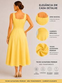 Women's Midi Dress With Square Neckline And Defined Waist | Elegant Midi Dress | Tailored Style | Defined Waist - 黃色 - 查看 4