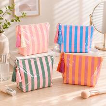 Personalized Striped Makeup Bag With Tassel, Portable Cosmetic Pouch For Travel, Makeup, Toiletries & Daily Beauty Storage, Gift For Girl - Multicolor - View 9
