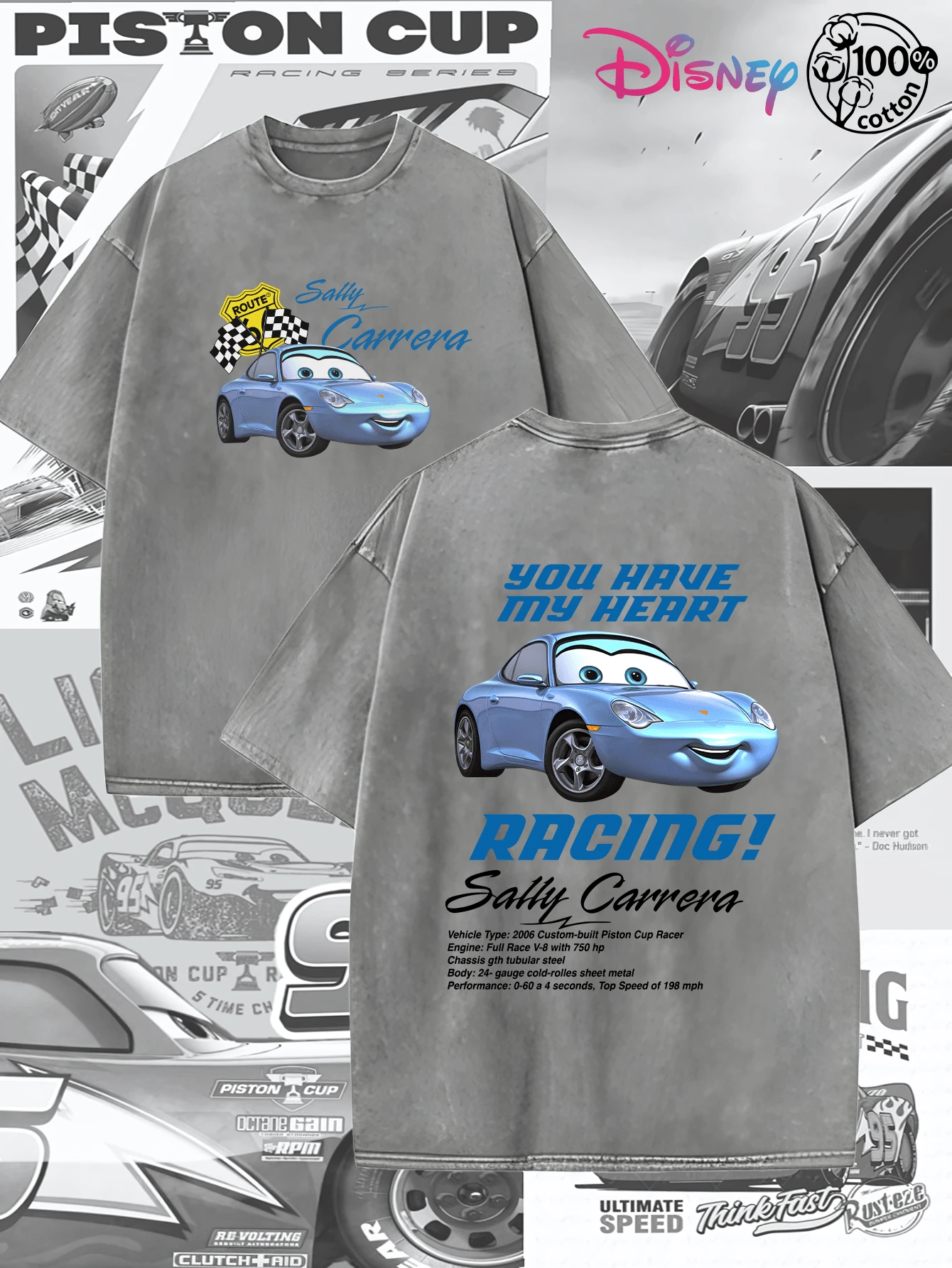 Disney IP Collaboration Cars Lightning McQueen Print Men's T-Shirt With Crew Neck And Short Sleeves, Relaxed Fit! Summer Clothing For Men, Cotton T-Shirt With Graphic Print, Suitable For Everyday Wear, Leisure And Sports. - 灰色 - 查看 1