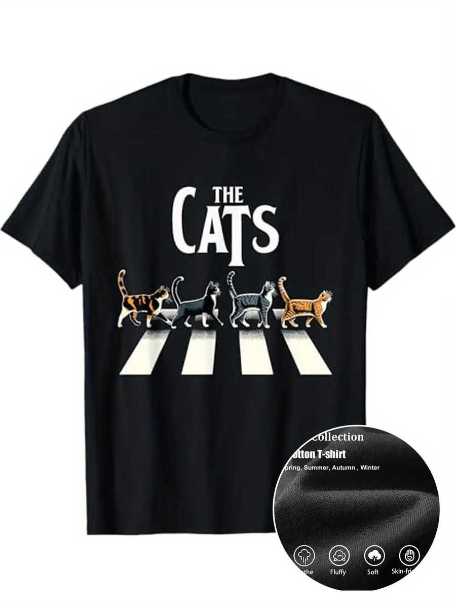 Transpirable y Duradera, Cuello Redondo con Gráfico de Banda de Gatos Inspirado en Abbey Road y THE CATS - Camiseta Casual de Manga Corta para Amantes de la Música. Buen regalo de Halloween. - Negro - Ver 1