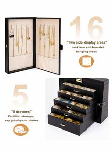 BOOVO 1PC Large 6-Layer PU Leather Jewelry Box With Mirror, Double-Door Jewelry Organizer With Necklace Hooks, Ring Slots & Multi-Drawer Storage For Rings, Earrings, Bracelets, Watches & Accessories, Elegant Gift For Women - Black - View 7