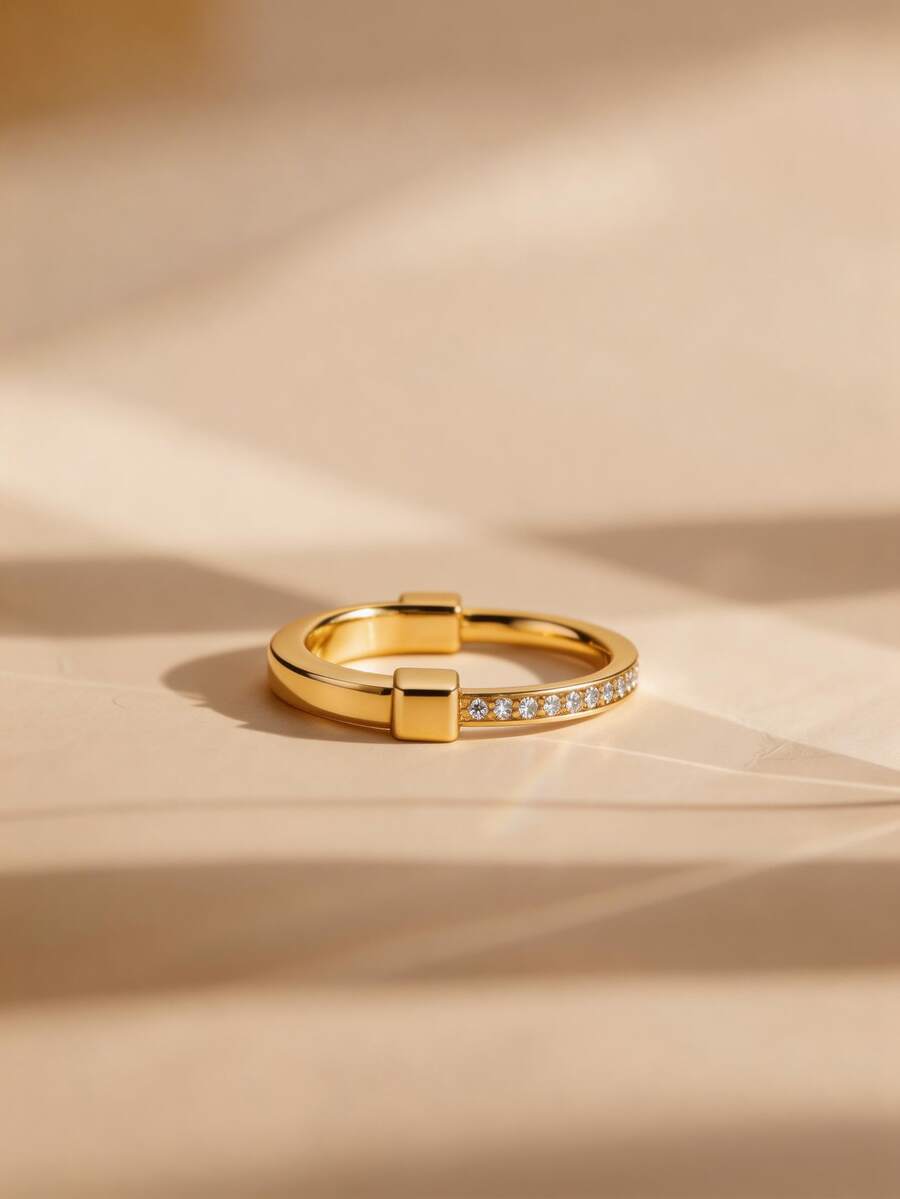 1 pieza Anillo abierto de oro exquisito con decoración cuadrada y circonita cúbica pavé, anillo de moda apilable, adecuado para uso diario - Dorado - Ver 1