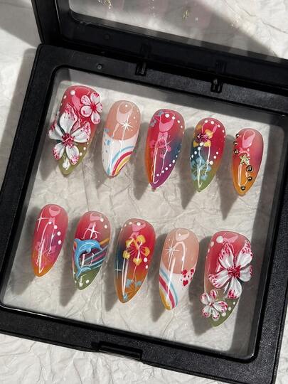 10PCS Y2K-Style Floral & Rainbow Acrylic Press-On Nails. Long, Pointed False Nail Tips-Perfect Nail Art Accessories For Girls And Women Attending Music Festivals And Summer Parties.