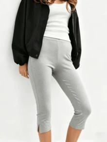 Women Y2k Side Split Capri Pants Low Rise Knee Length Yoga Leggings Stretchy Cropped Leggings Slim Fit Cropped Pants Summer Going Out Pants - 灰色 - 查看 2