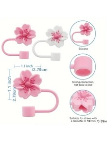 1Pc/2/3/4Pcs Flower Silicone Straw Cover Cap For Cup,Straw Topper 10mm 0.4in Dust-Proof Reusable Straw Tips Lids,Straw Tip Covers Gift For Party Decor - Pink - View 11
