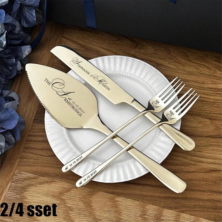 2/4 Sets Customized Engraved Wedding Cake Cutting Utensil Set, Comes With Gift Box: Personalized Gold Cake Knife And Fork Set, Bridal Party Wedding Gift - Multicolor - View 1