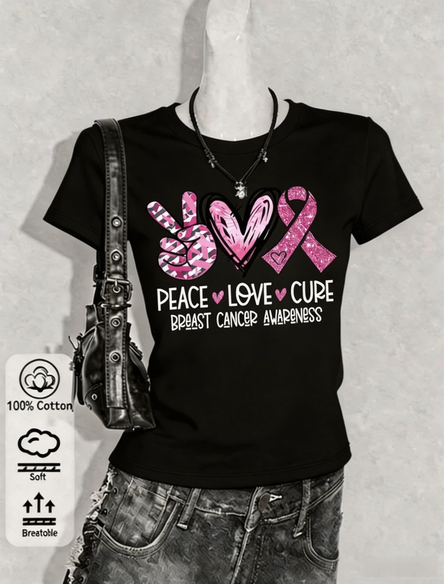 This 2026 Casual Short-Sleeved T-Shirt Features A Crew Neck Design With A Pink Bow And Heart Pattern, Designed To Raise Awareness Of Breast Cancer-Perfect For Women's Spring And Summer Fashion. - Black - View 1