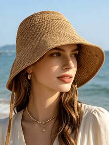 Sombrero de Pescador con Correa Tejida, Sombrero de Sol Transpirable con Protección UV, con Cordón a Prueba de Viento para Evitar Deslizamientos, Adecuado para Actividades al Aire Libre, Playa y Viajes - Correas - Ver 4