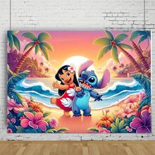 Cartoon Character Backdrop Birthday Backdrop Set, Blue & Pink Tropical Print Cartoon Hanging Cloth, Birthday Party Photo Backdrop Wall Decoration - As Shown In the Figure - View 6