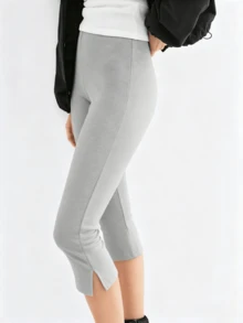 Women Y2k Side Split Capri Pants Low Rise Knee Length Yoga Leggings Stretchy Cropped Leggings Slim Fit Cropped Pants Summer Going Out Pants - 灰色 - 查看 1