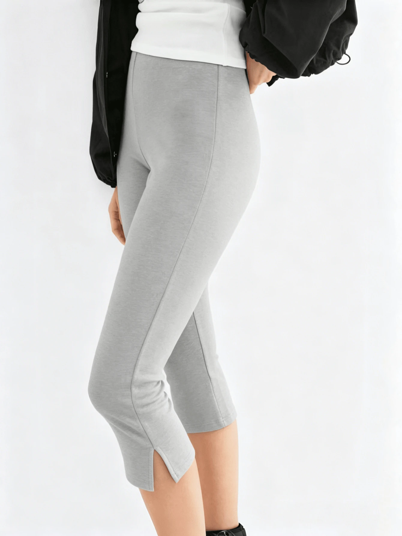 Women Y2k Side Split Capri Pants Low Rise Knee Length Yoga Leggings Stretchy Cropped Leggings Slim Fit Cropped Pants Summer Going Out Pants - 灰色 - 查看 1