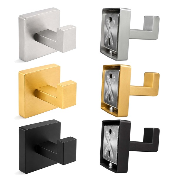 2PCS Stainless Steel Wall Mounted Hooks, Drill Installation Heavy Duty Towel & Robe Hooks For Bathroom, Shower, Kitchen, Bedroom & Entryway, Waterproof Rustproof Square Hooks For Towels, Keys, Hats, Bags, Matte Black & Brushed Silver