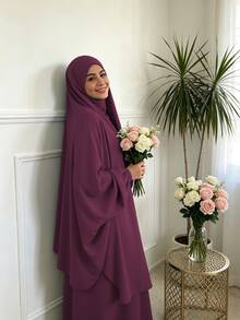 2件組 Nida面料女款寬鬆舒適Khimar長袍套裝，適合日常外出與祈禱穿著，四季皆宜，穆斯林伊斯蘭服飾Khimar頭巾祈禱吉爾巴布 - 彩色 - 查看 4