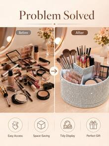 1pc Rhinestone Rotating Makeup Organizer Box, Large Capacity, Multicolor Rhinestone Encrusted Surface, Luxurious Sparkling Style, Hexagonal Pillar Shape, Neat Edges, Cosmetic Tool Container, Suitable For Bedroom Vanity, Dressing Room Desk - Multicolor - View 4