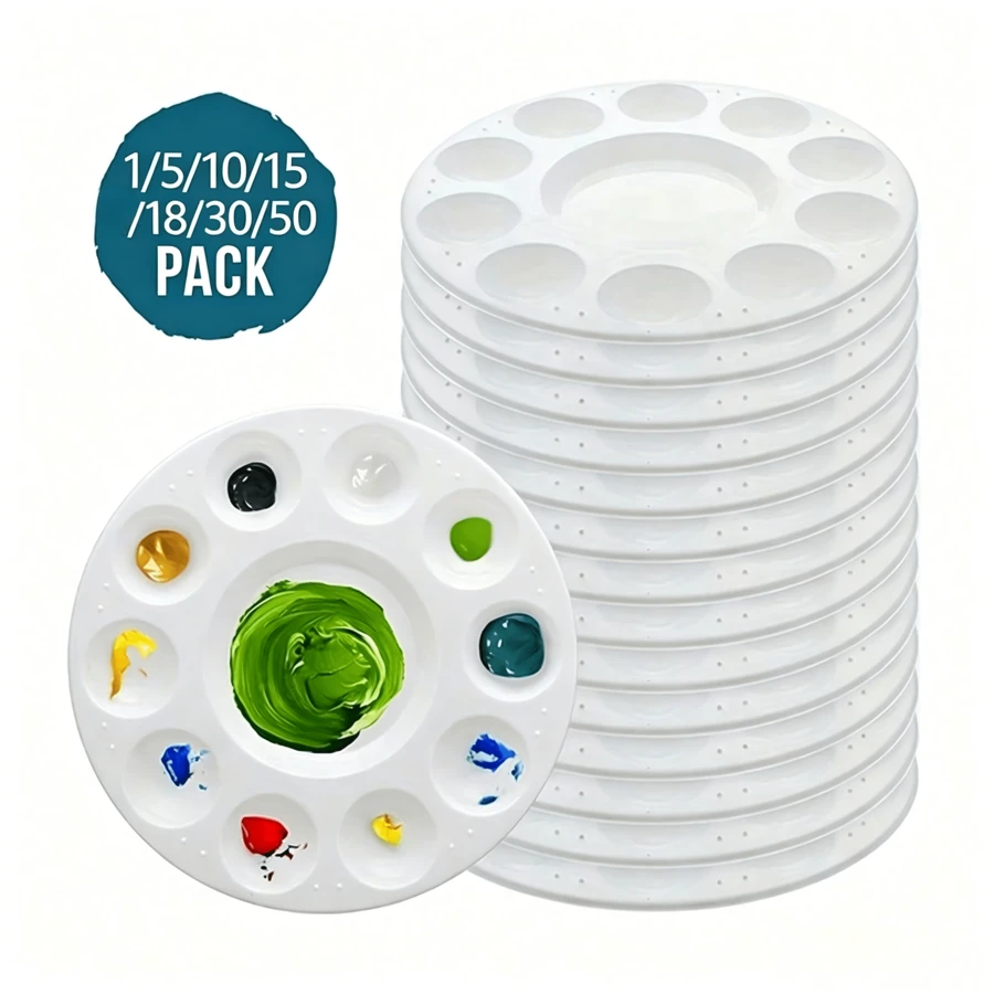 1/5/10/15/18/30/50 piezas Juego de paletas de plástico redondas blancas, juego de paletas redondas de 10 orificios, juego de paletas rectangulares de 6 orificios, juego de suministros de pintura, juego de paleta y pincel de agua, adecuado para estudiantes en la escuela, clase de arte, útiles escolares, regalo de graduación, suministros de arte de verano, adecuado para principiantes, artistas, instituciones de formación artística, estudios de arte