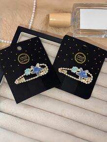 1PC Alloy Starfish Shell Rhinestone Pearl Hair Clip Women Ocean Bang Side Clip Beach Daily Hair Accessory - Blue - View 2