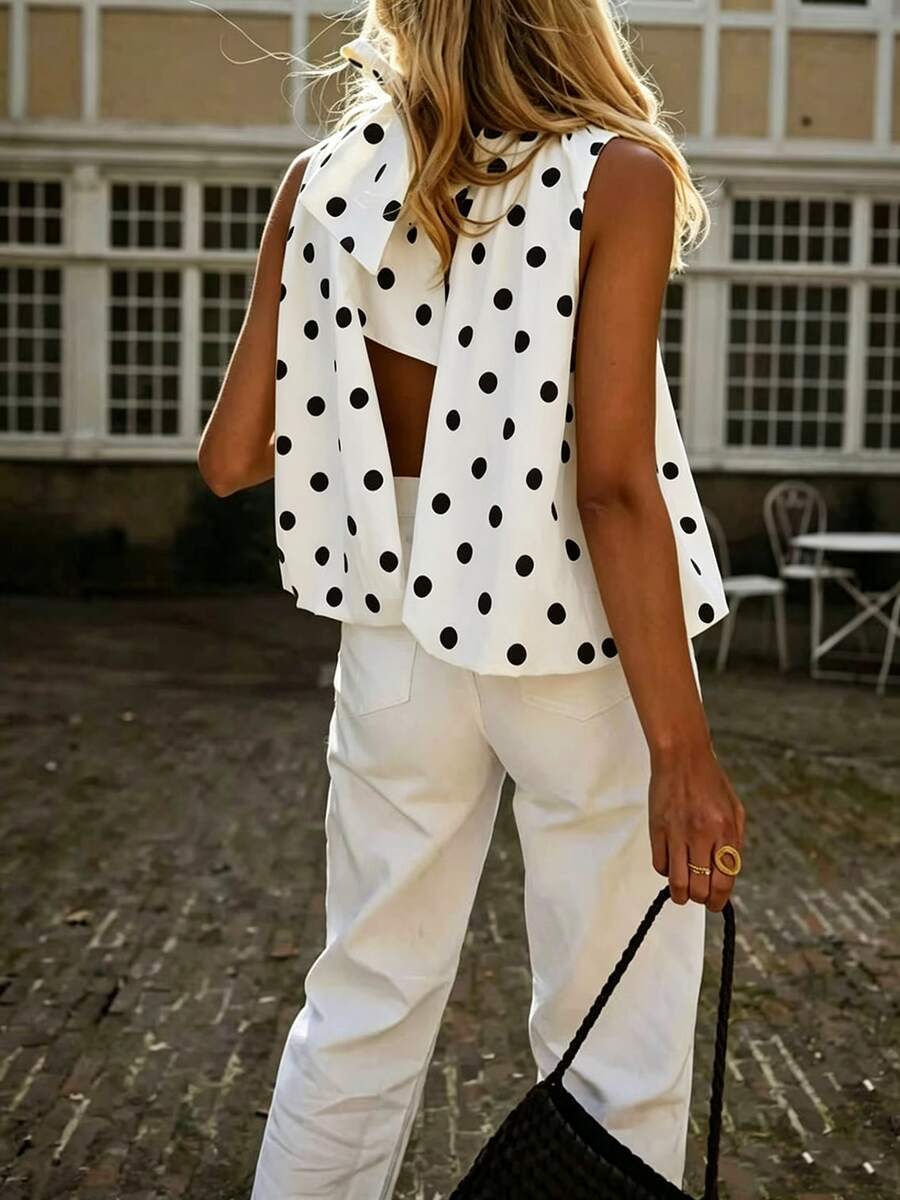 Nueva blusa tipo tank para mujer con lazo, de tela tejida, sin espalda, sin mangas, con estampado de lunares, estilo casual para primavera y verano, color blanco, estilo chica francesa - Blanco - Ver 1