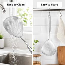 Stainless Steel Strainer + Large Frying Scoop, 2-In-1 Pasta Strainer And Frying Scoop, Kitchen Accessories, Essential Kitchen Tool Gift, Space-Saving Kitchen Storage, Christmas Kitchen Gift - Silver - View 9
