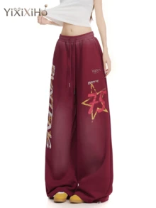 【YIXIXIHO】ウォッシュ加工 スウェットパンツ レディース メンズ 秋 ゆったり リラックス ドレープ感 ダンス ストレート ワイド カジュアルパンツ - レッド - チェックする 2