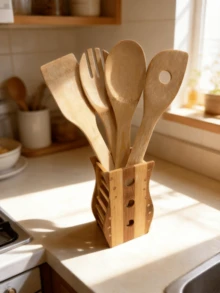 Bamboo Kitchen Utensils Set With Holder Natural Wooden Cooking Spatula Spoon Kit Kitchen Counter Storage Rack Non-Stick Cookware Kitchen Gadgets - Bamboo Wood Color - View 6
