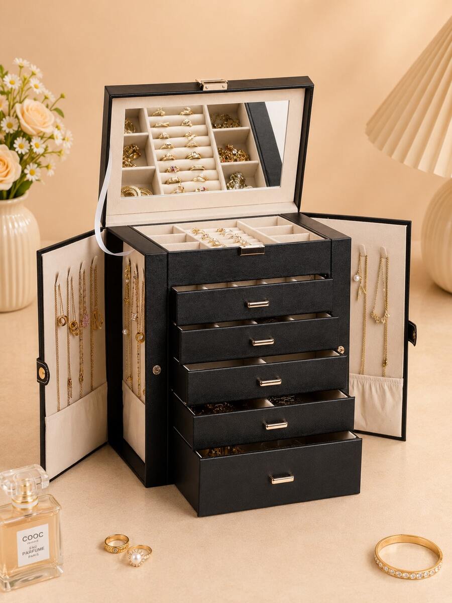 BOOVO 1PC Large 6-Layer PU Leather Jewelry Box With Mirror, Double-Door Jewelry Organizer With Necklace Hooks, Ring Slots & Multi-Drawer Storage For Rings, Earrings, Bracelets, Watches & Accessories, Elegant Gift For Women