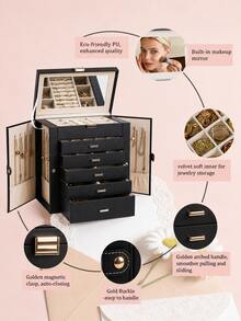 BOOVO 1PC Large 6-Layer PU Leather Jewelry Box With Mirror, Double-Door Jewelry Organizer With Necklace Hooks, Ring Slots & Multi-Drawer Storage For Rings, Earrings, Bracelets, Watches & Accessories, Elegant Gift For Women - Black - View 4