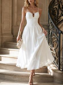 Women's White Elegant Keyhole Spaghetti Strap Flowy A-Line Midi Long Dress Late Summer Fall Wear For Bridal Shower Tea Party Vacation Date - White - View 1