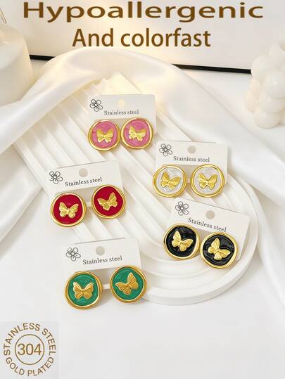 5 Pairs Stainless Steel Hypoallergenic Butterfly Stud Earrings, Colorfast Enamel Round Earrings, Gold Plated Jewelry For Women