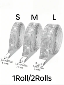 1Roll/2Rolls Self-Adhesive Rhinestone Stickers, For DIY Decoration, Glitter Ribbon Stickers With Rhinestones, Can Be Used For Craft Making, Home Decor/Gift Decoration (Length 91cm) - Silver - View 13