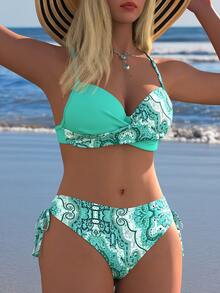 Women's Mint Green Paisley Pattern Bikini Set, Side Tie Swimsuit, Suitable For Summer Beach Vacation - Multicolor - View 4