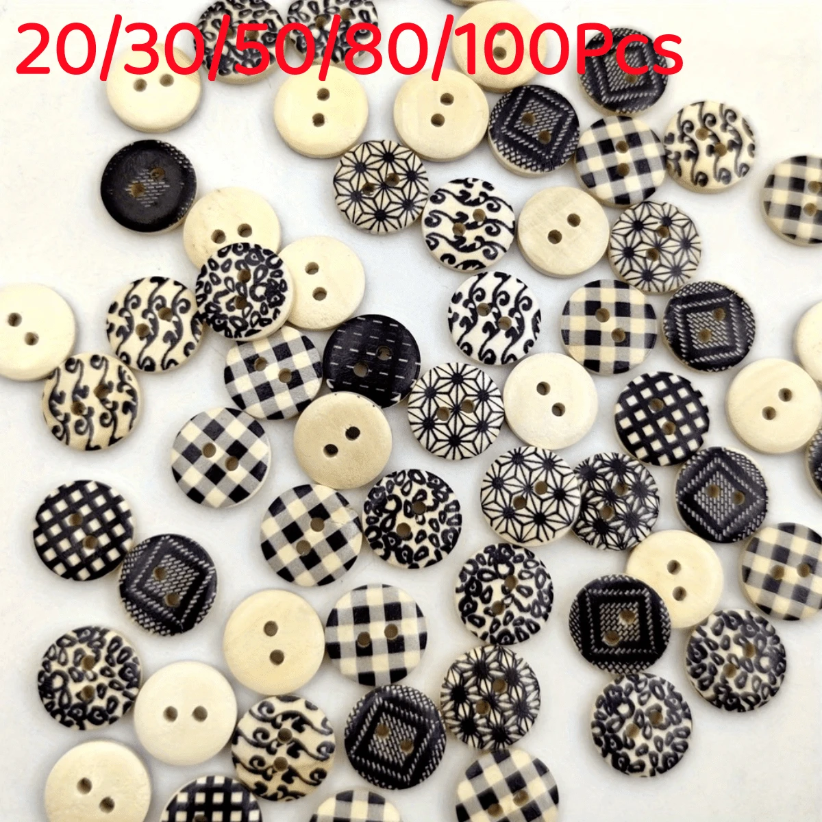 20/30/50/80/100個黑白格紋鈕扣 DIY 服飾配件 手作木製鈕扣 1.5公分/0.59英吋