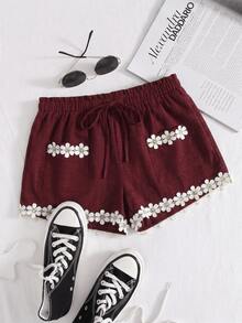 Women's Shorts, Commuting, Gatherings And Dates, Casual Occasions, Pockets And Floral Lace Trim, Loose Casual Summer Shorts, Wide Leg Shorts Vacation - Burgundy - View 1