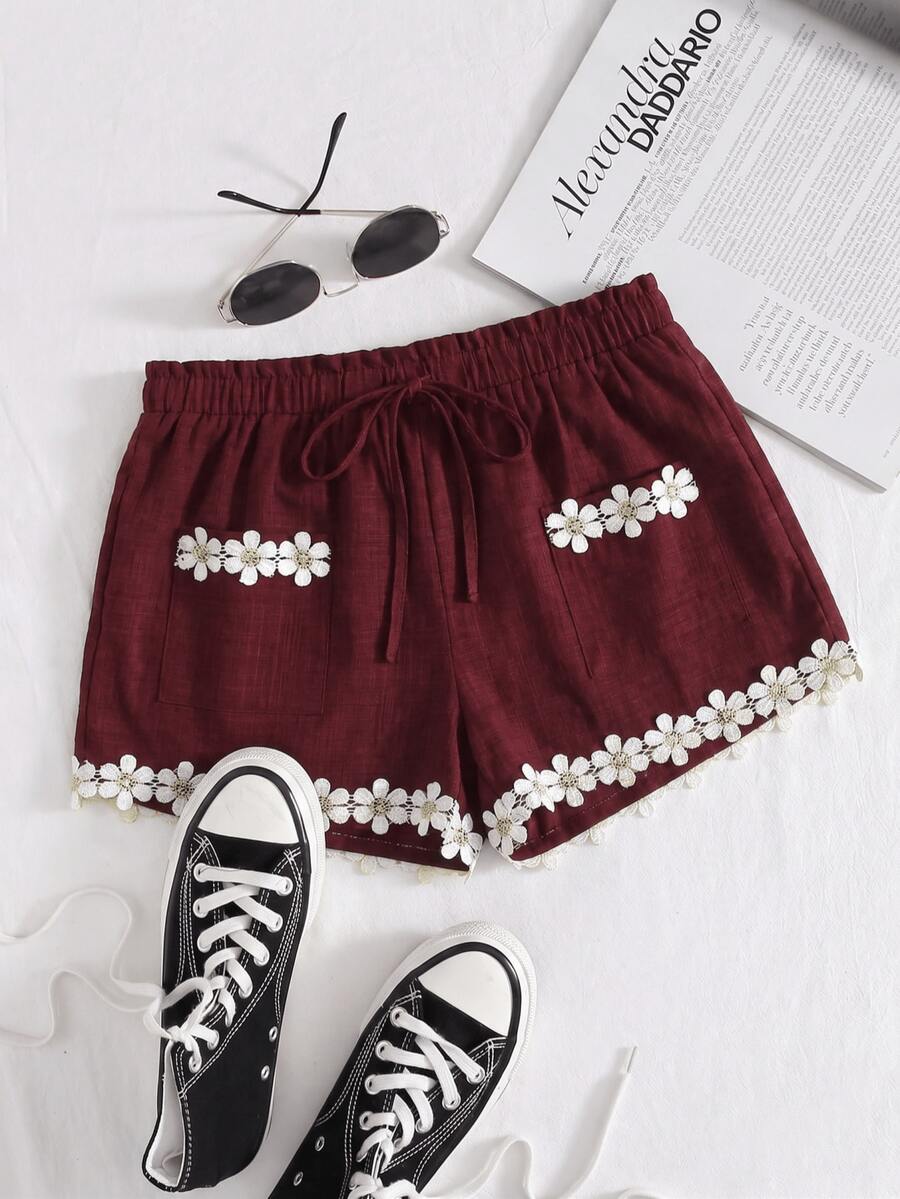 Women's Shorts, Commuting, Gatherings And Dates, Casual Occasions, Pockets And Floral Lace Trim, Loose Casual Summer Shorts, Wide Leg Shorts Vacation - Burgundy - View 1