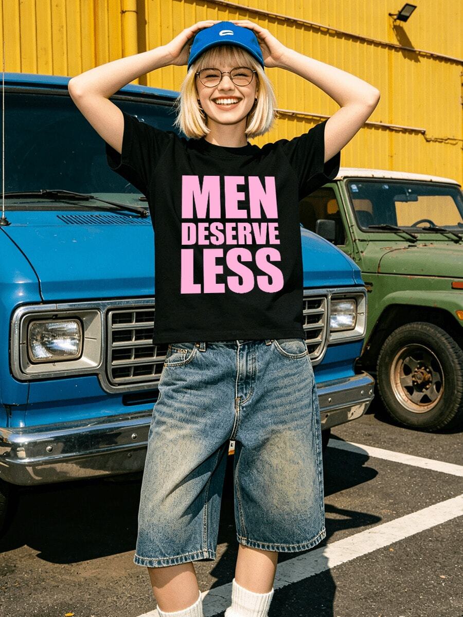Women's Soft And Casual Short-Sleeved Crew Neck T-Shirt With Pink Graphic Print "Men Deserve Less" For Spring And Summer Wear. - Black - View 1