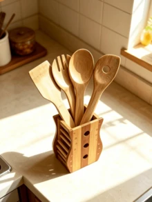 Bamboo Kitchen Utensils Set With Holder Natural Wooden Cooking Spatula Spoon Kit Kitchen Counter Storage Rack Non-Stick Cookware Kitchen Gadgets - Bamboo Wood Color - View 4